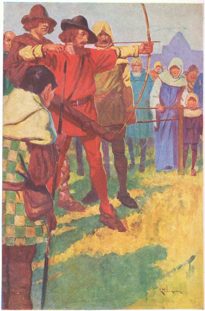 Il tend son arc un bref instant, puis détache la corde (lithographie couleur). - Thomas Heath Robinson