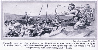 Comment Alexandre a conquis son empire : Darius, roi de Perse, a rassemblé une grande armée qui a été vaincue par les Macédoniens en 334 avant J.-C., vers 1950 (lithographie). - Thomas Heath Robinson