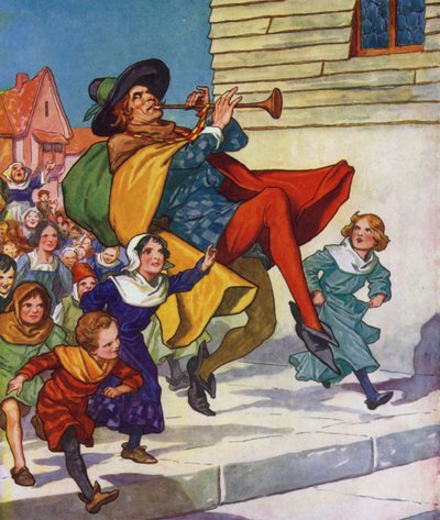 Illustration pour Le joueur de flûte de Hamelin (lithographie couleur) - Thomas Heath Robinson
