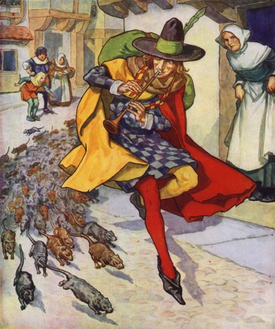 Illustration pour Le joueur de flûte de Hamelin (lithographie couleur) - Thomas Heath Robinson