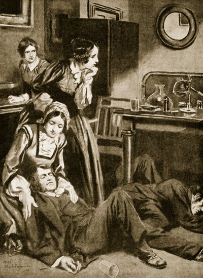 James Simpson et ses assistants découvrent le chloroforme, novembre 1847 (lithographie) - Thomas Heath Robinson