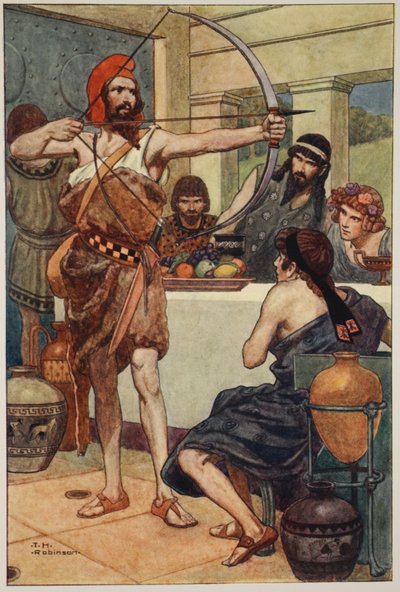 Ulysse punit les prétendants (lithographie couleur) - Thomas Heath Robinson