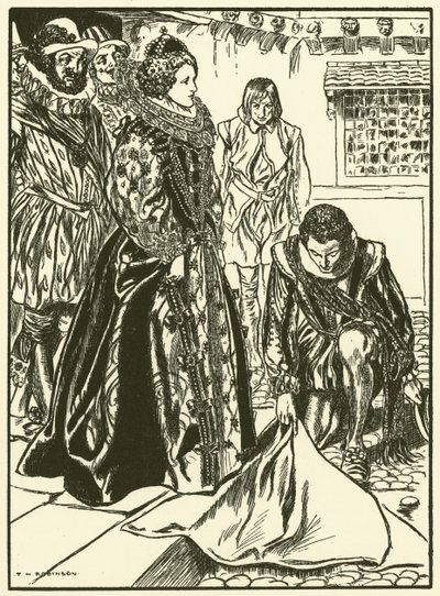 Raleigh étale son manteau devant Elizabeth (gravure) - Thomas Heath Robinson