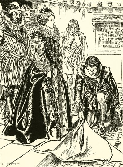 Raleigh étend son manteau devant Elizabeth (gravure) - Thomas Heath Robinson