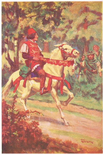 Robin et son compagnon ont vu maître Patrington chevaucher vers eux (lithographie couleur) - Thomas Heath Robinson