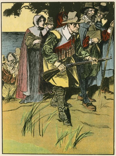 Les Pères pèlerins entrant dans le Nouveau Monde (lithographie couleur) - Thomas Heath Robinson