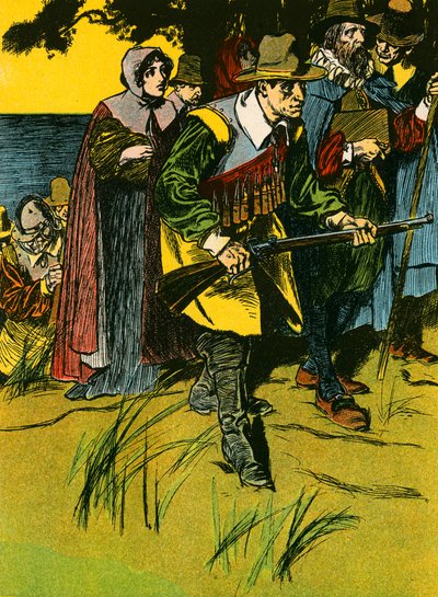Les Pères pèlerins entrant dans le Nouveau Monde (lithographie couleur) - Thomas Heath Robinson