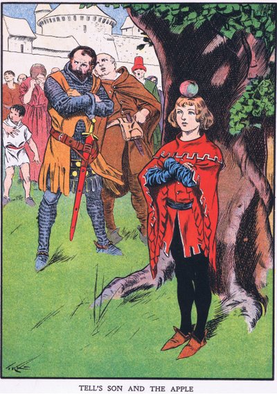 Le fils de Guillaume Tell et la pomme (lithographie couleur) - Thomas Heath Robinson