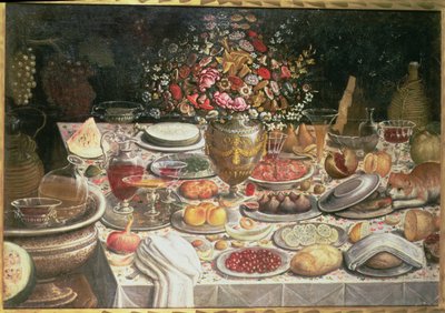Nature morte de table chargée de nourriture, de boisson et d