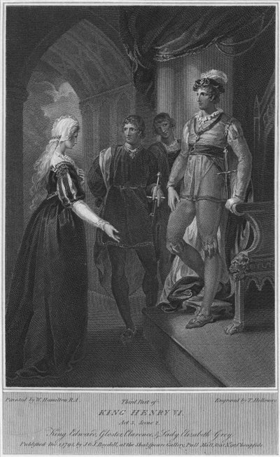 Troisième partie du Roi Henri VI. Acte 3. Scène 2. Roi Édouard, Gloucester, Clarence et Lady Elizabeth Gre - Thomas Holloway