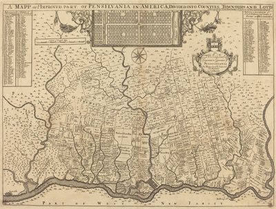 Carte de la partie améliorée de la Pennsylvanie en Amérique, divisée en comtés, cantons et lots - Thomas Holme