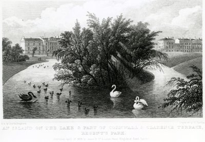 Une île sur le lac et une partie de Cornwall et Clarence Terrace, Regent