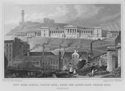 Nouvelle école secondaire, Calton Hill, depuis le cimetière de l