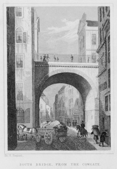 Pont Sud depuis Cowgate, Édimbourg gravé par William Watkins, 1831 - Thomas Hosmer Shepherd