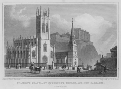 Chapelle St John, église St Cuthbert et nouvelles casernes, Édimbourg (gravure) - Thomas Hosmer Shepherd