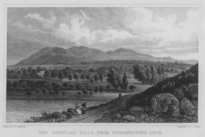 Les collines de Pentland, vue du loch de Duddingstone (gravure) - Thomas Hosmer Shepherd