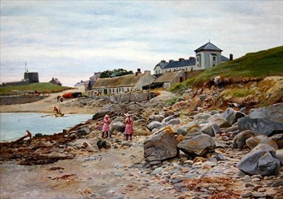 Kingsland, Cornwall, avec deux filles sur une plage - Thomas J. Purchas