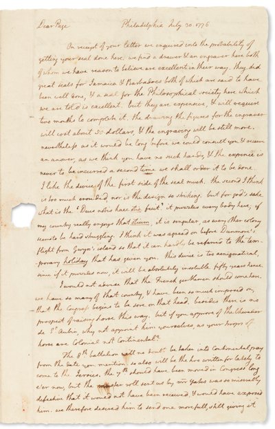 Lettre autographe à John Page, Philadelphie, 30 juillet 1776 - Thomas Jefferson
