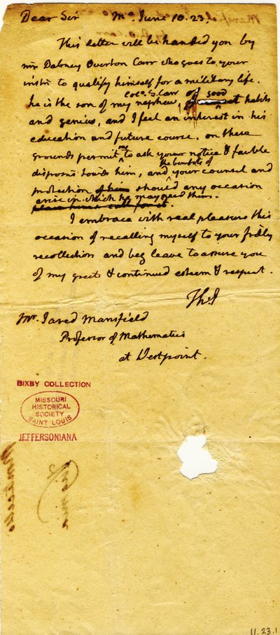 Lettre de Thomas Jefferson (initiales seulement), Monticello, à Jared Mansfield, professeur de mathématiques à West Point, 10 juin 1823 - Thomas Jefferson