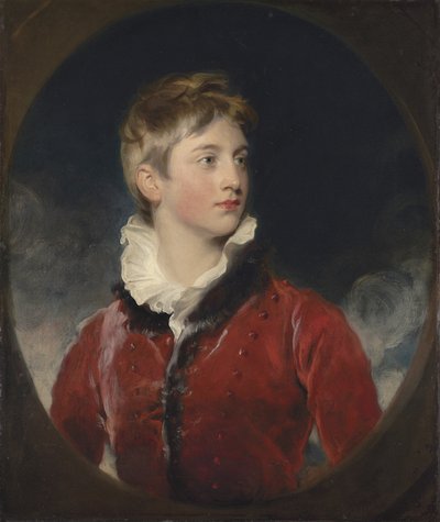 Portrait de Frederick William Stewart, 4e marquis de Londonderry, K.P., M.P. (1805-1872) enfant, mi-longueur, en manteau rouge, dans un ovale feint - Thomas Lawrence