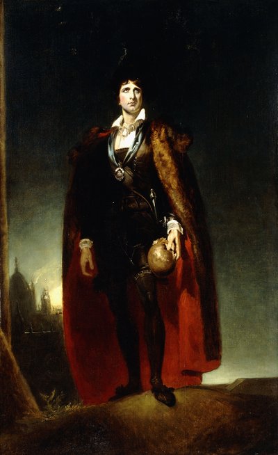 Portrait de John Kemble en Hamlet, debout en pied dans un paysage, portant une cape et tenant un crâne - Thomas Lawrence