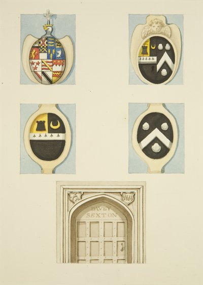 Armoiries et écoinçons au-dessus de la porte de la maison du sacristain à Whitson Court - Thomas Leeson the Elder Rowbotham