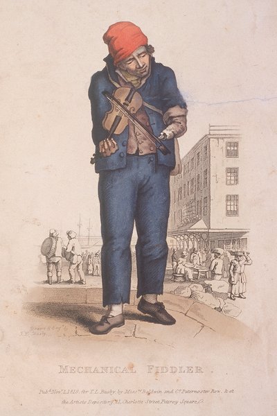 Violoniste avec un bras prothétique, avec un marché en arrière-plan, 1820 - Thomas Lord Busby