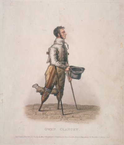 Owen Clancy, mendiant avec son chapeau à la main, sur des béquilles et avec des dispositifs attachés à ses jambes, 1820 - Thomas Lord Busby
