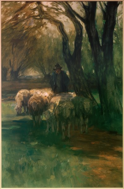 Troupeau de moutons sous les arbres - Thomas Ludwig Herbst