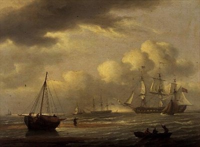 Un Indiaman en attente, et des bateaux au large de la côte sud - Thomas Luny