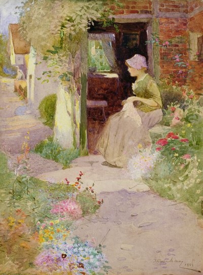 Une fille cousant à la porte d