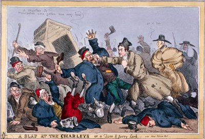 Une claque aux Charleys ou une farce de Tom & Jerry, voir New Poliece Bill, 1829 - Thomas McLean