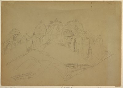 Dessin, rivière Rio Virgin avec de grandes formations rocheuses, 1873 - Thomas Moran