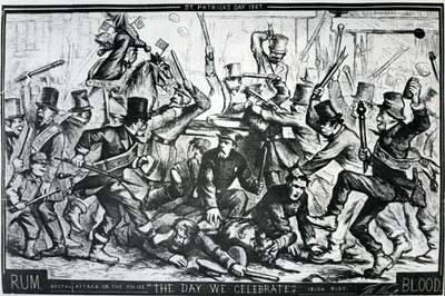 Caricature représentant les émeutes à New York le jour de la Saint-Patrick 1867, publiée dans Harper
