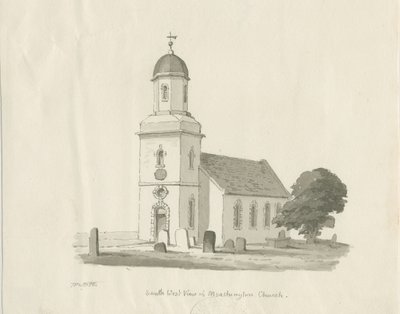 Église de Marchington : dessin au lavis sépia, 1836 - Thomas Peploe Wood