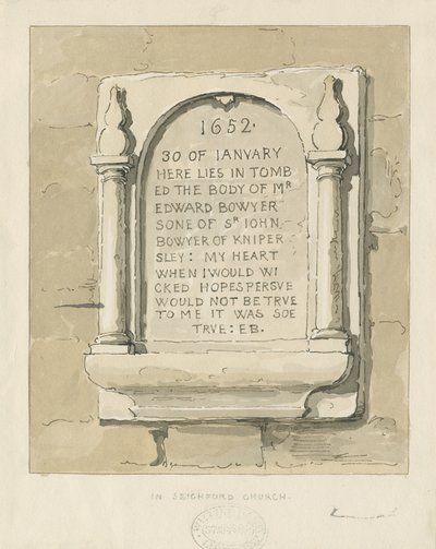 Église de Seighford - Tablette en pierre pour Edward Bowyer : dessin à la sépia, nd [?1838] - Thomas Peploe Wood