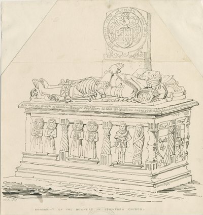 Église de Seighford - Tombe de William et Mercy Bowyer : dessin à la plume et à l
