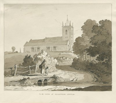 Église de Seighford : dessin au lavis sépia - Thomas Peploe Wood