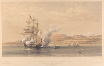 H.M.S. Highflyer Capitaine John Moore C.B. &c. au mouillage au large de Soukoum Kaleh-Abasia, Omar Pacha quittant le navire, octobre 1855 - Thomas Picken