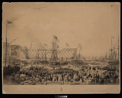 Le lancement du Trafalgar, en présence de Sa Très Gracieuse Majesté la Reine Victoria et de Son Altesse Royale le Prince Albert, au chantier naval de Woolwich - Thomas Picken