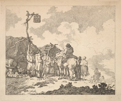 Une foire - Un groupe de gitans - Hommes et femmes en vêtements rustiques devant deux abris de fortune, 1786 - Thomas Rowlandson