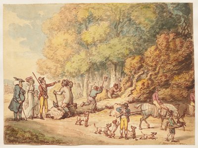 Un chasseur avec sa famille donnant des instructions à des bûcherons pour débiter un arbre abattu - Thomas Rowlandson