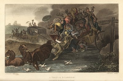 Voyage à Scarborough : une diligence surchargée de bagages et de passagers tombe dans un étang. - Thomas Rowlandson
