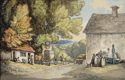 Un village vert : une voiture arrêtée sous un arbre, avec un homme dans les stocks et un groupe de spectateurs - Thomas Rowlandson