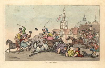 Course de charrette dans une ville anglaise avec un accident au premier plan - Thomas Rowlandson