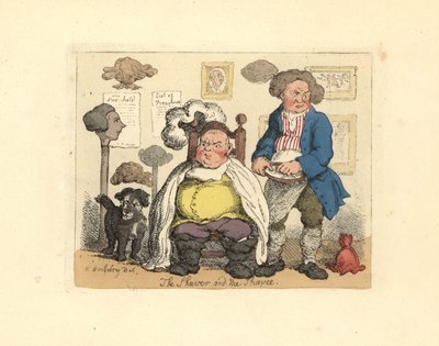 Barbier et client dans une boutique de coiffure décorée de perruques - Thomas Rowlandson