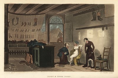 Boutique de bottes et chaussures : clientes essayant des chaussures et bottes chez un cordonnier de Leatherhead - Thomas Rowlandson
