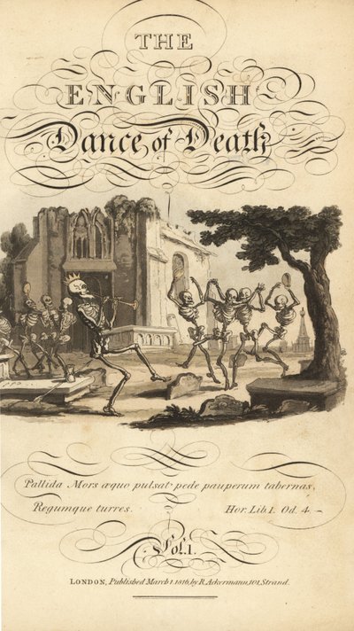 Titre calligraphique et vignette de squelettes dansant avec des tambourins et des cors dans un cimetière près d