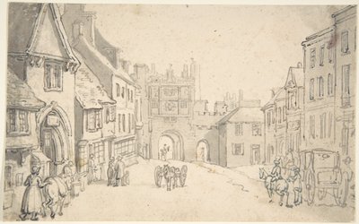 Vue de la ville avec une porte médiévale (peut-être York) - Thomas Rowlandson
