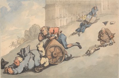 Les conforts de Bath : personnes goutteuses tombant sur une colline raide - Thomas Rowlandson